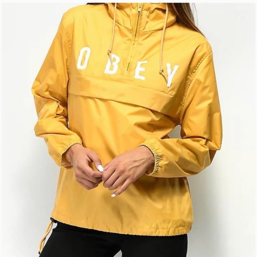 Obey Women’s Anyway Mustard Yellow Anorak Hooded Windbreaker Pullover Size Small